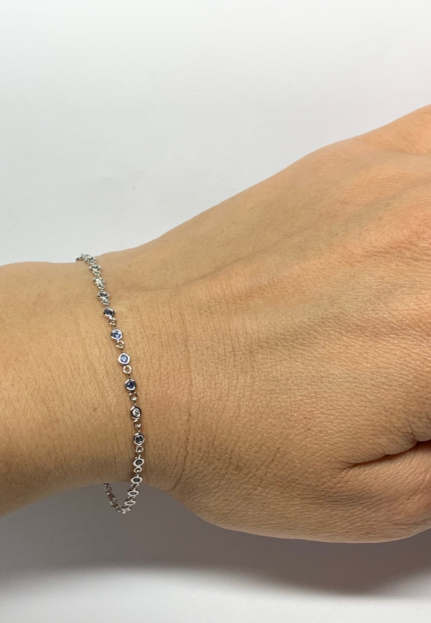 14k Solid White Gold, White Diamonds, Blue Sapphires Tennis Line Bracelet