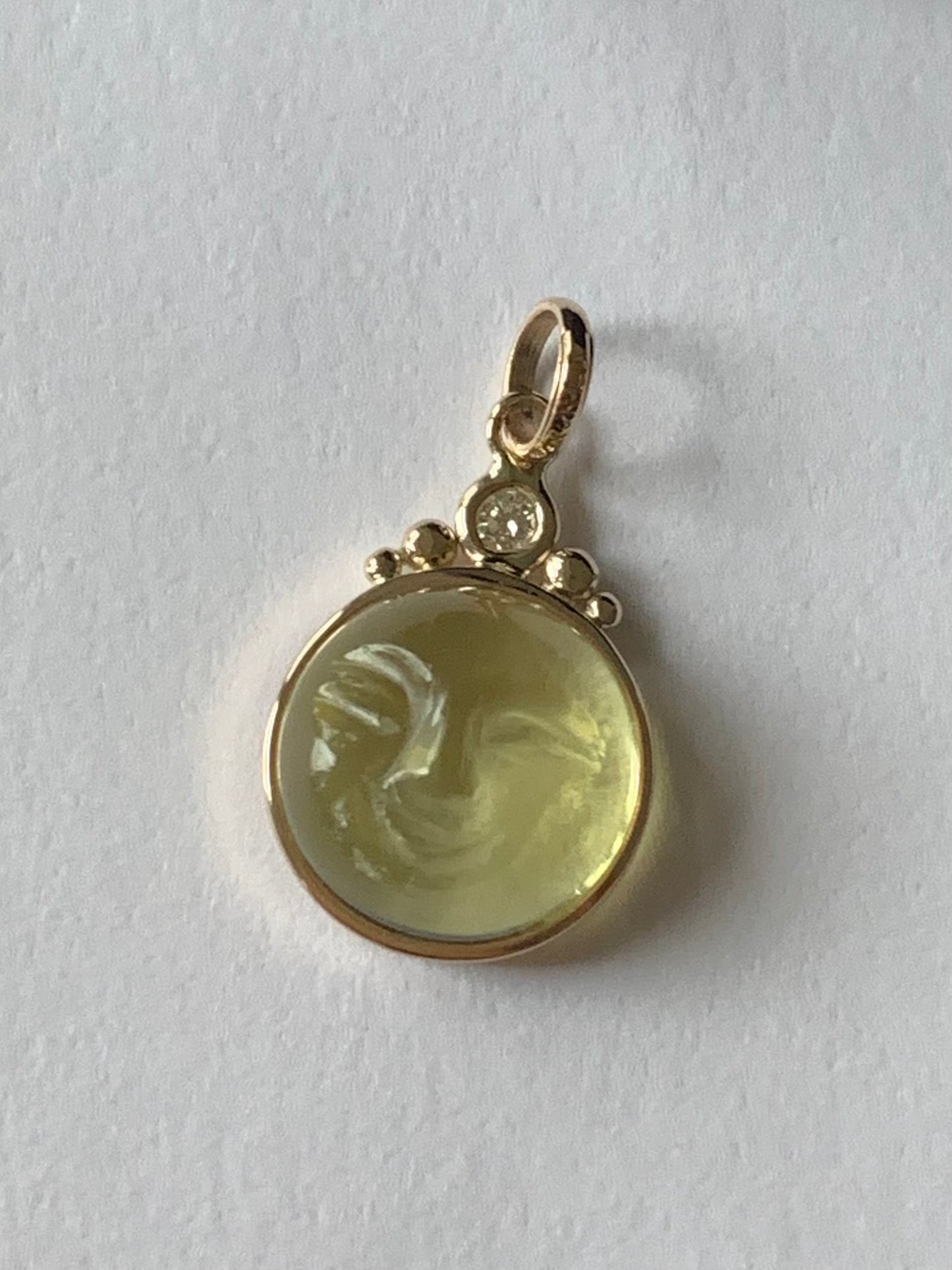 “Tiara Moon”, 14k Solid Yellow Gold, Olive Lemon Quartz, White Diamond Pendant, Mini Size