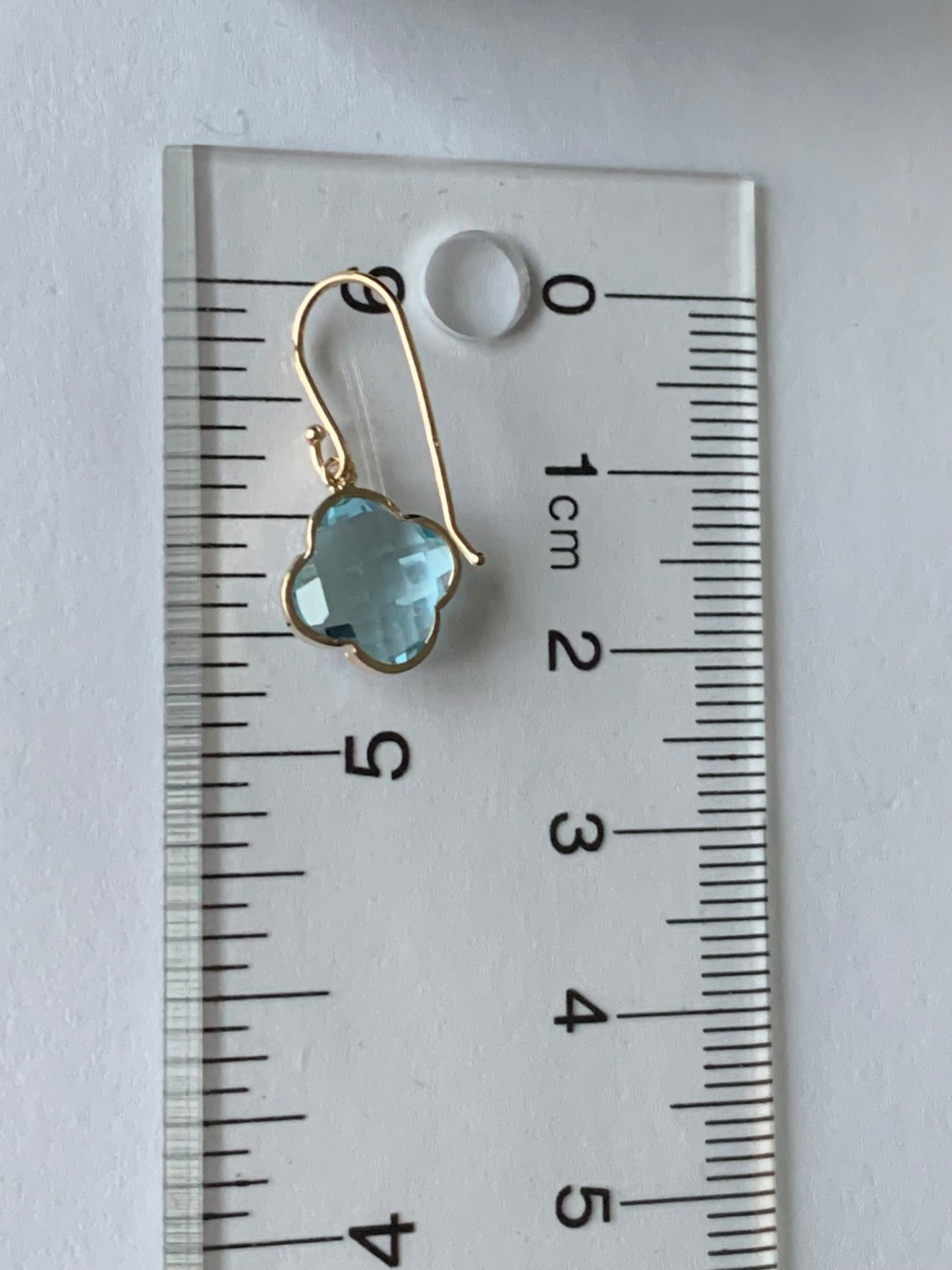 14k Solid Yellow Gold, Blue Topaz “Clover” Mini Earrings, Fish Hook Ear Wires