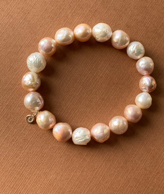 14k Solid Yellow Gold, Natural Freshwater Golden Baroque Pearls Bracelet, Stretch, "Sun" Charm