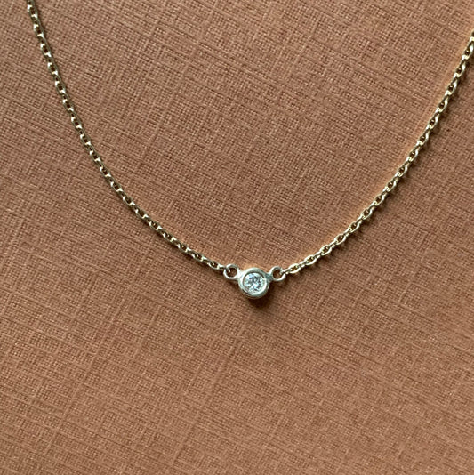 14k Solid Yellow Gold, Natural Tiny Diamond Single Stone Solitaire Necklace