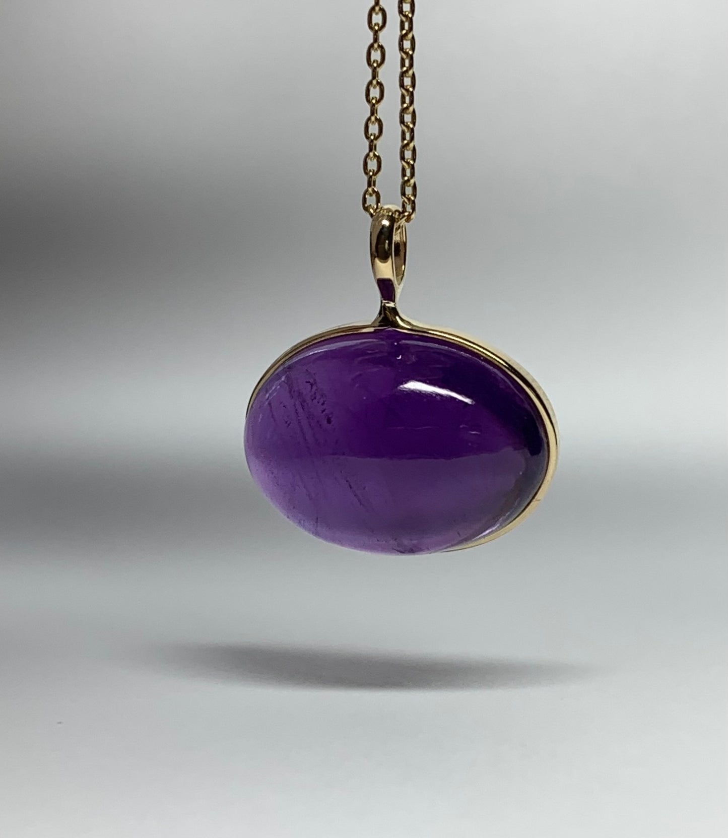 14k Solid Yellow Gold, Purple Amethyst Oval Cabochon Pendant, Small Size