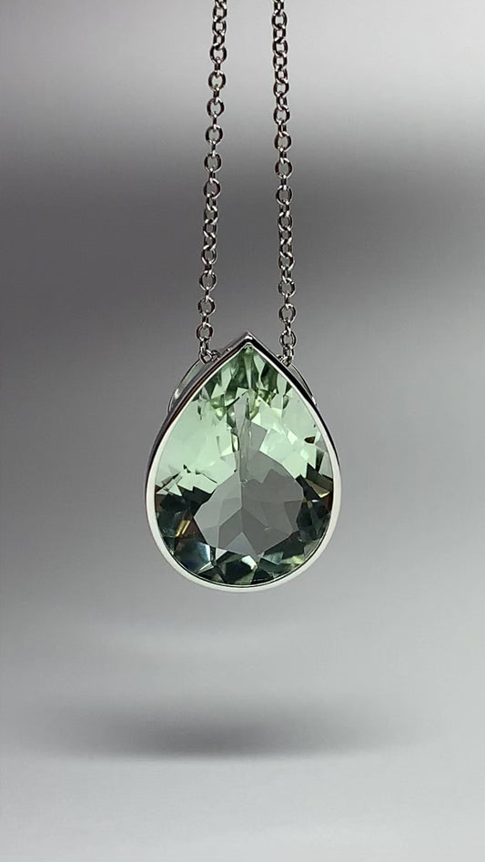 14k Solid White Gold, Green Amethyst Slider Pendant, Pear Shaped