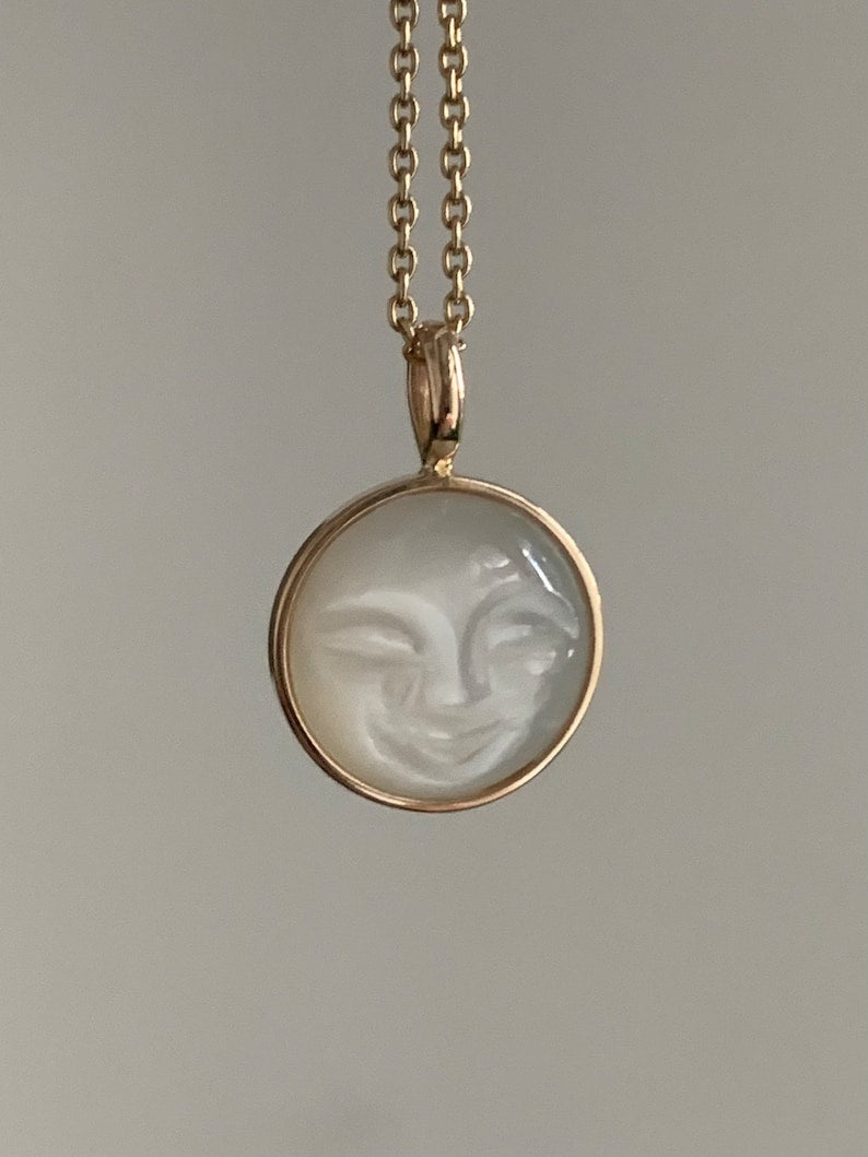 "The Moon" Pendant, 14K Solid Yellow Gold, White Moonstone, Small Size